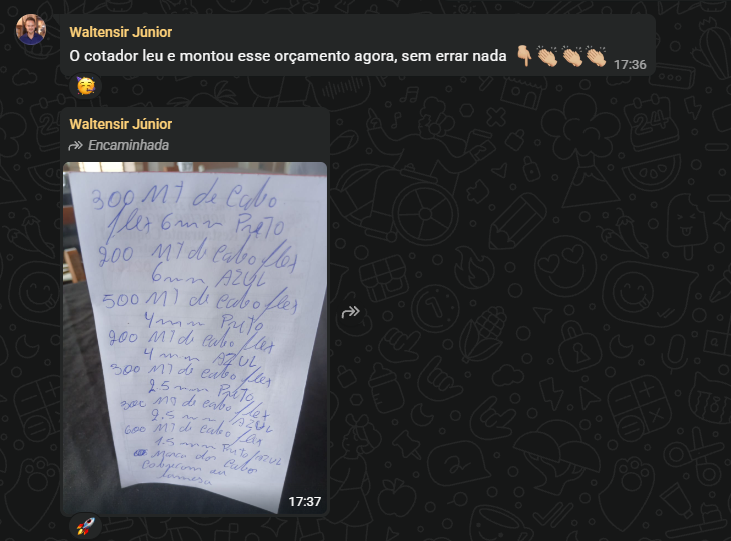 Mensagem de Waltensir Júnior aprovando o orçamento, acompanhada da foto do pedido manuscrito