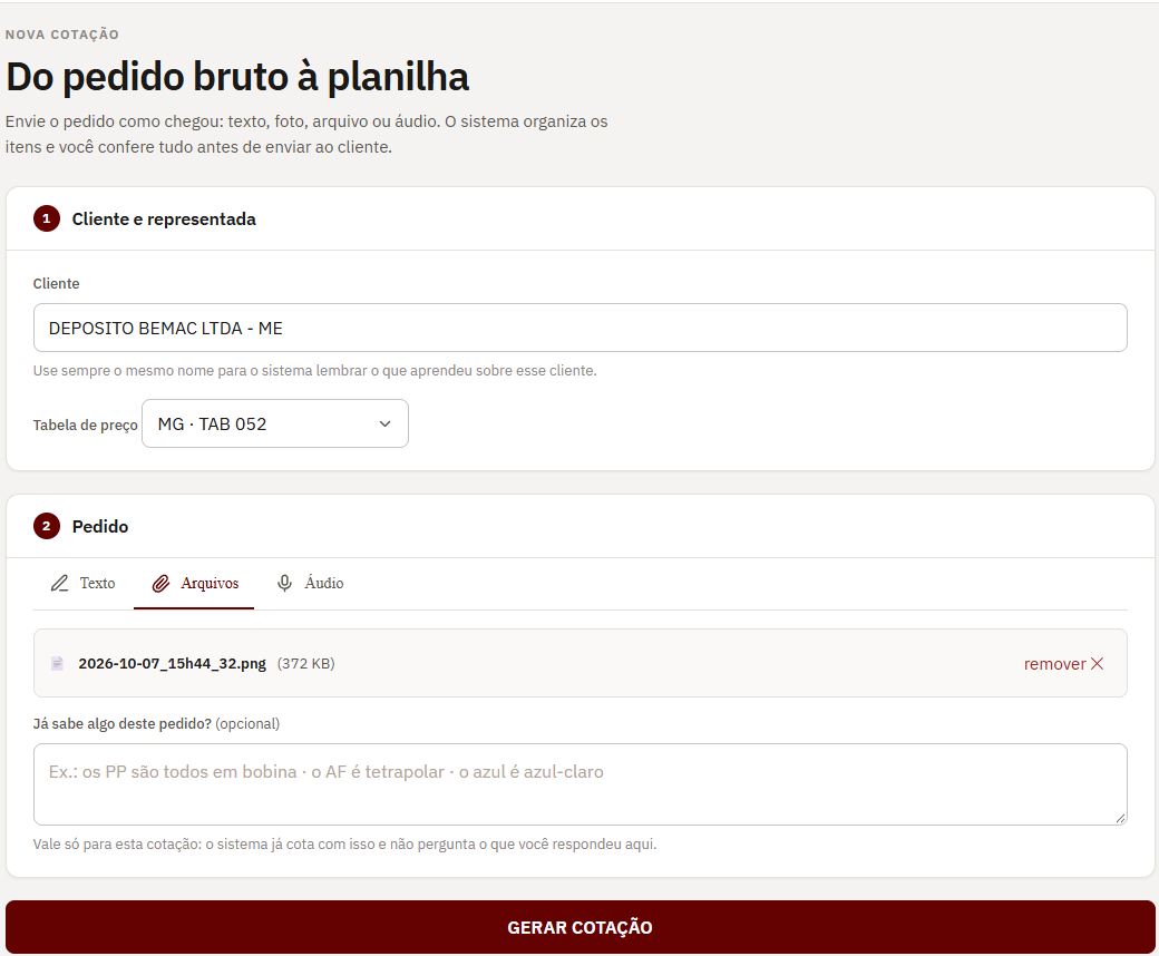 Tela de envio do pedido no Cotador