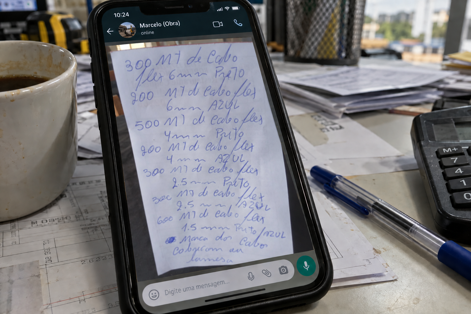 Mockup de um celular no WhatsApp mostrando o pedido manuscrito de fios e cabos